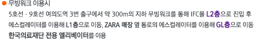 무빙워크 이용시 : 5호선, 9호선 여의도역 3번 출구에서 약 300m의 지하 무빙워크를 통해 IFC몰 L2층으로 진입 후 에스컬레이터를 이용해 L1층으로 이동, ZARA 매장 옆 통로의 에스컬레이터를 이용해 GL층으로 이동, 한국의료재단 전용 엘리베이터를 이용